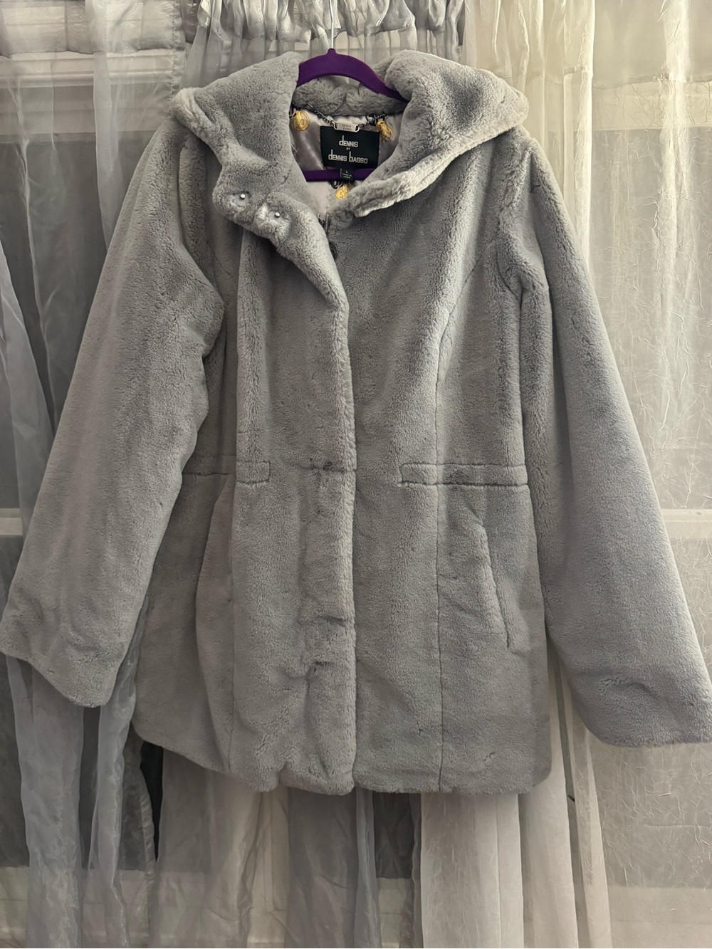 Dennis Basso Interior Silk Gray Faux Fur Coat